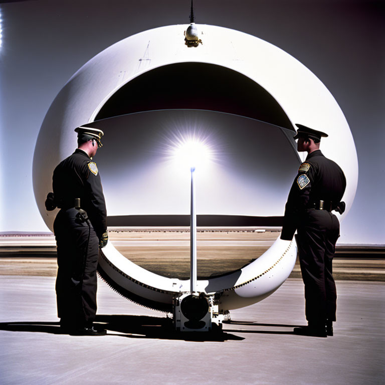 Police officers standing in front of circular light structure with shadows cast.