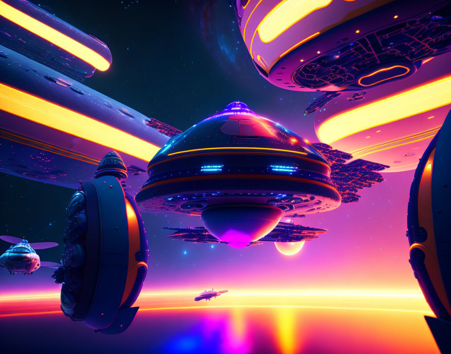 Futuristic spaceships orbiting a planet with vibrant purple and orange sky