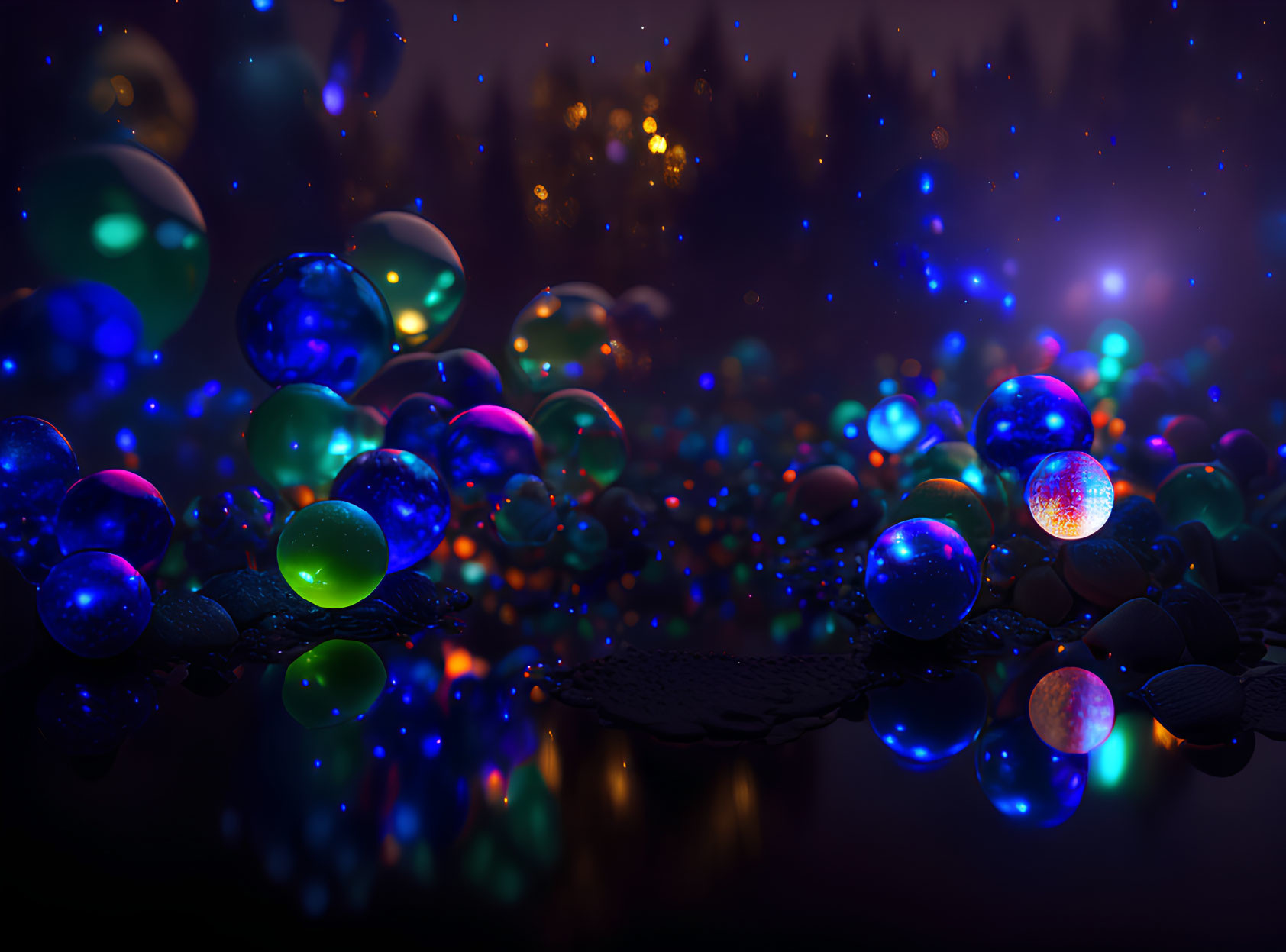 Colorful Radiant Spheres on Dark Surface with Bokeh Lighting Effects