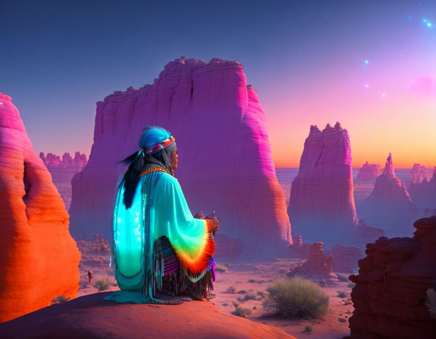 Native American person in traditional attire overlooking desert rock formations at twilight.