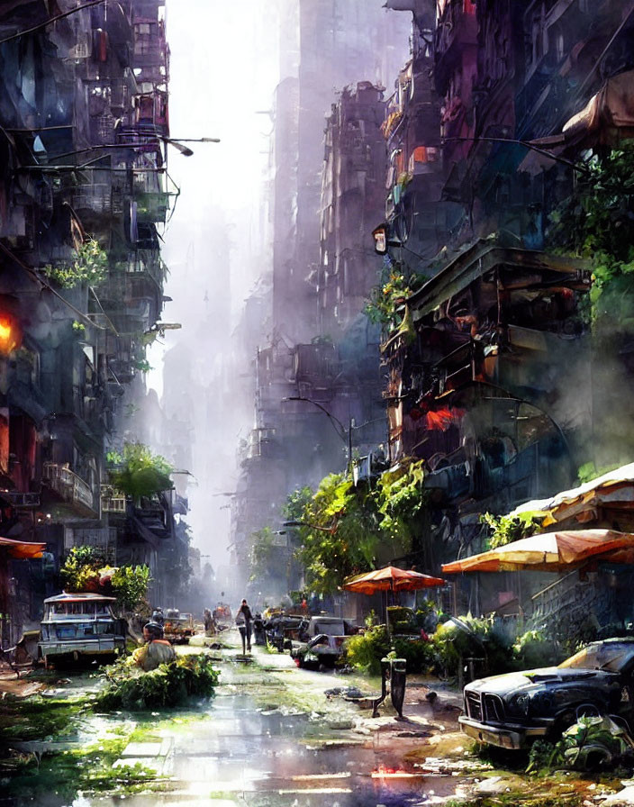 Dystopian city street with overgrown vegetation, abandoned cars, and pedestrians.