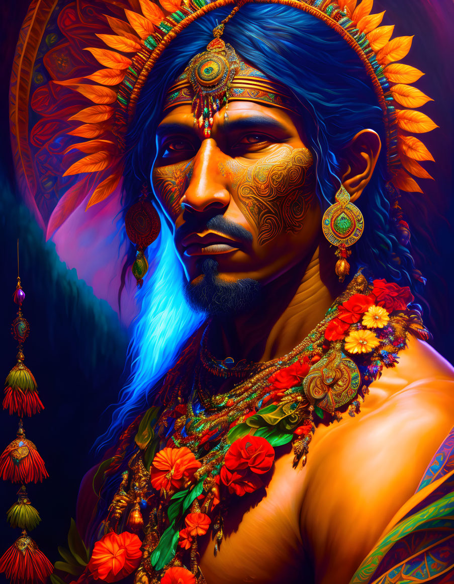 Colorful tribal man with face paint and feathered headdress on warm background