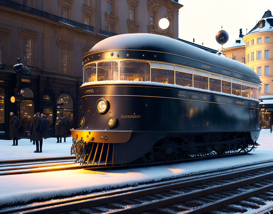 Snowy City Square Twilight Scene with Vintage Tram and Glowing City Lights