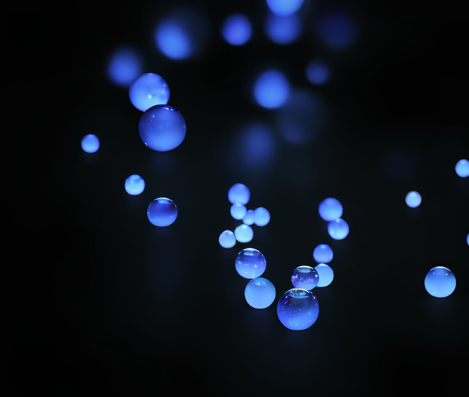 Blue Glowing Bubbles in Dark Space with Light Reflections