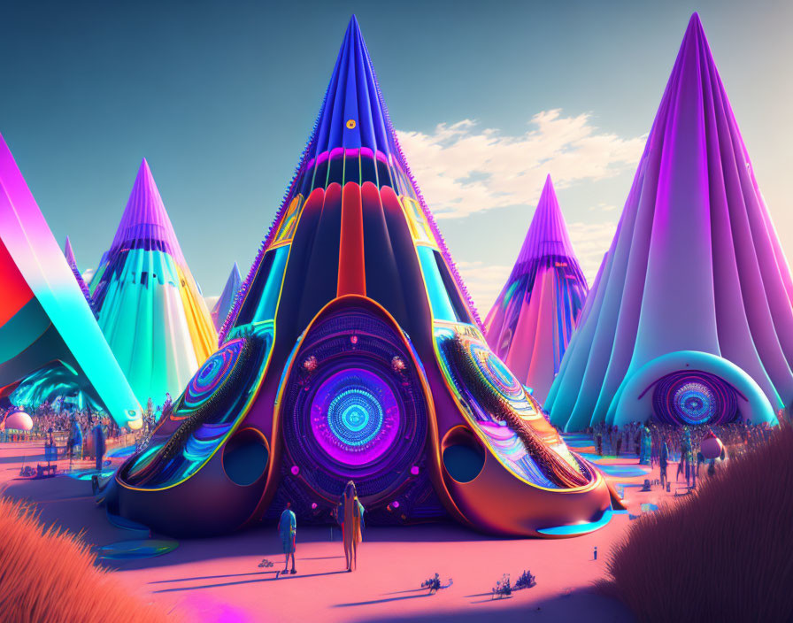 Futuristic neon landscape with cone-shaped structures and figure in surreal setting