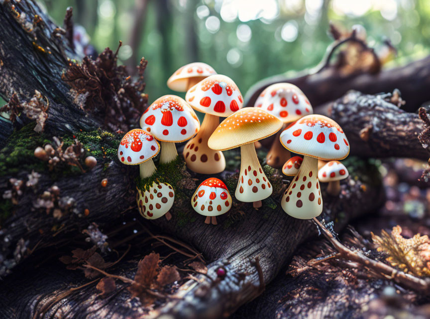 Whimsical red-capped mushrooms on forest log under sunlight