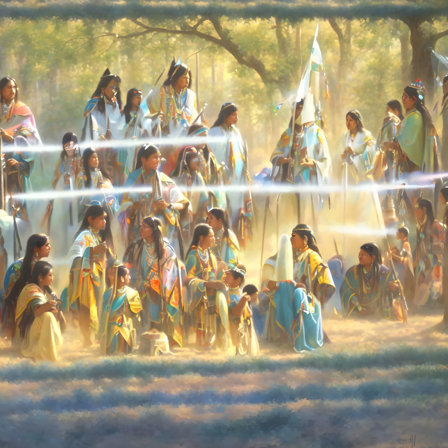 Native Americans in traditional dress at ceremonial gathering in forest clearing