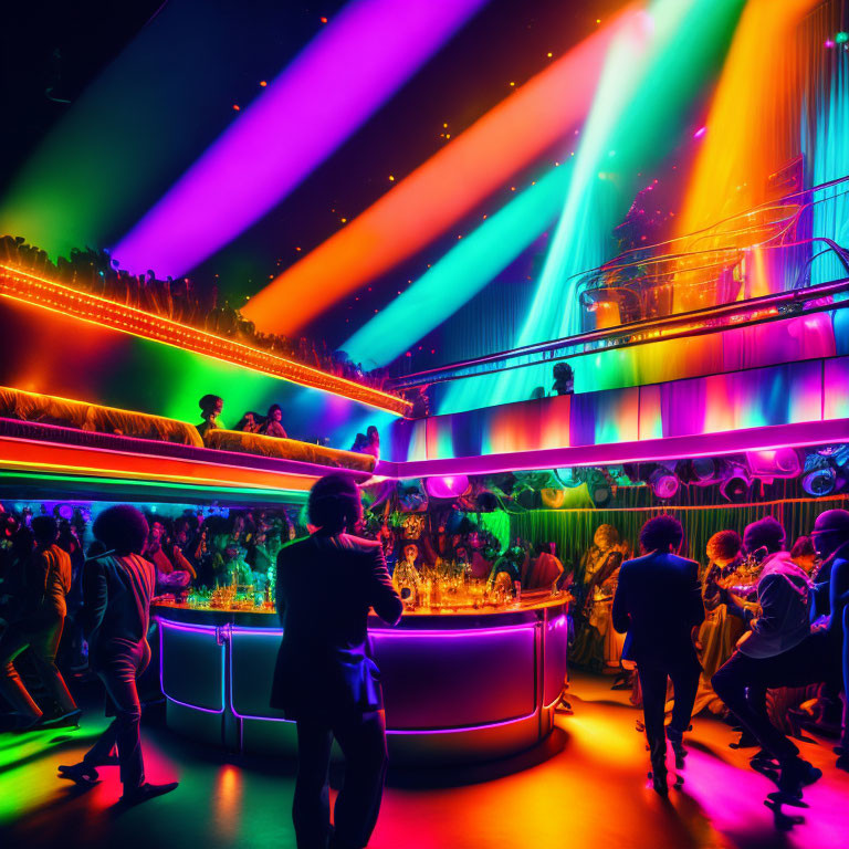 Colorful nightclub scene with vibrant light beams and dancing people.