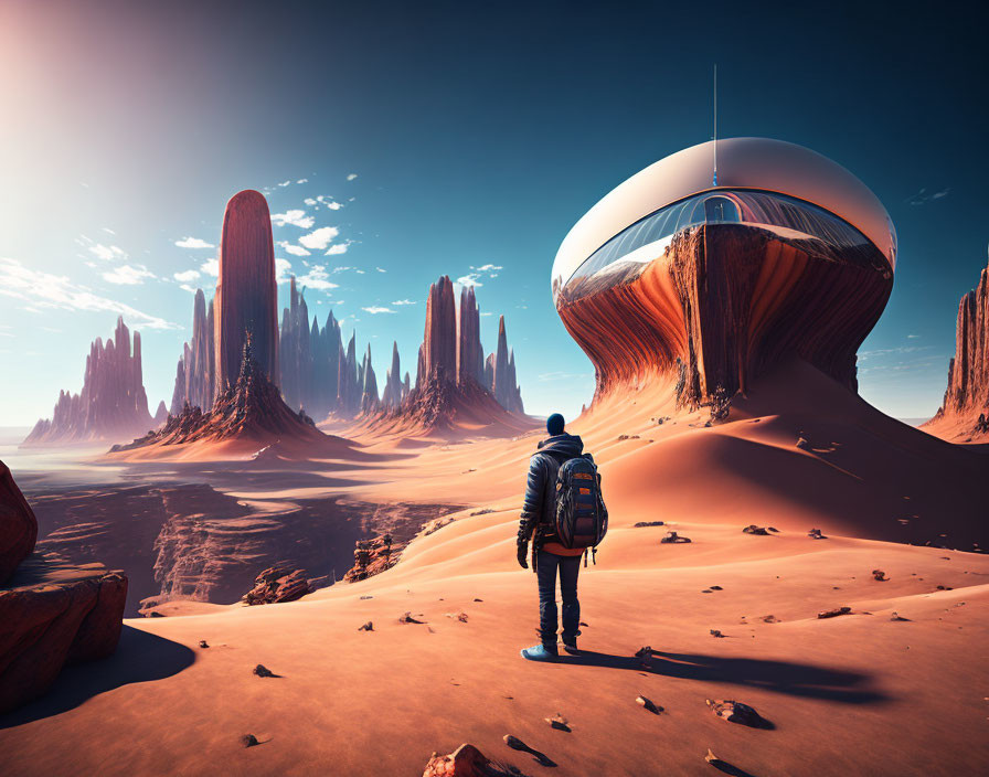 Person in jacket observes futuristic building in desert landscape