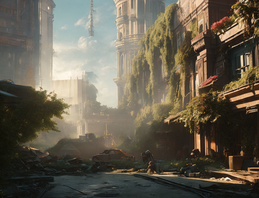 Post-apocalyptic city street with overgrown vegetation and abandoned cars.