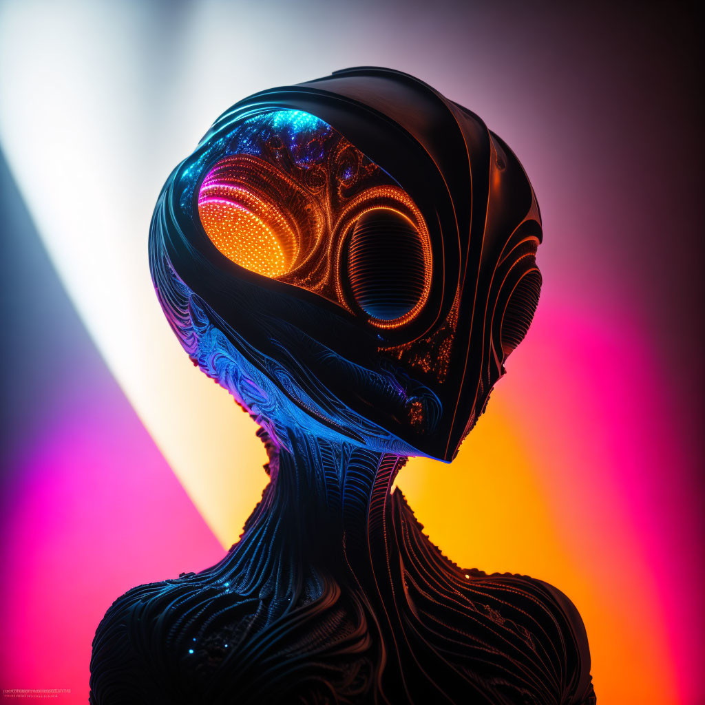 Futuristic alien robot head with glowing neon lights on vibrant gradient backdrop