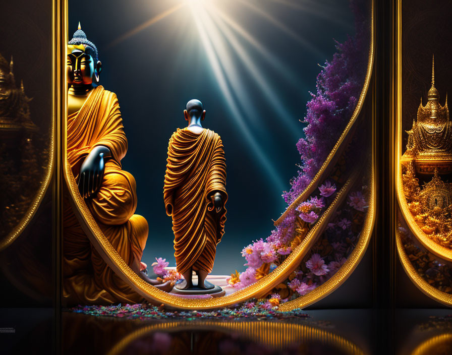 Golden Buddha statues in serene setting with blooming flowers