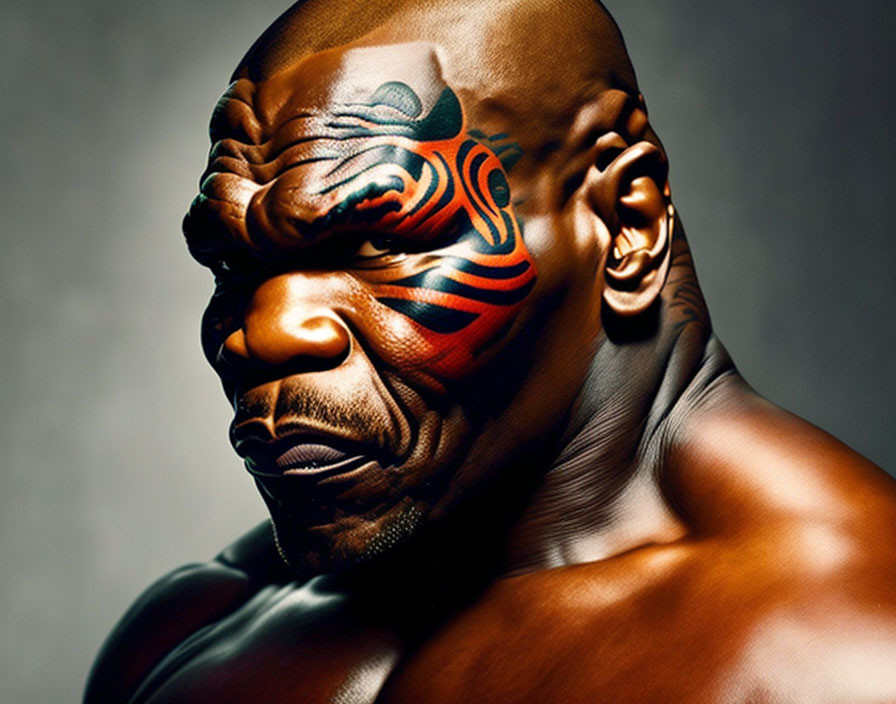 Muscular person with red and black facial tattoo gazes right.