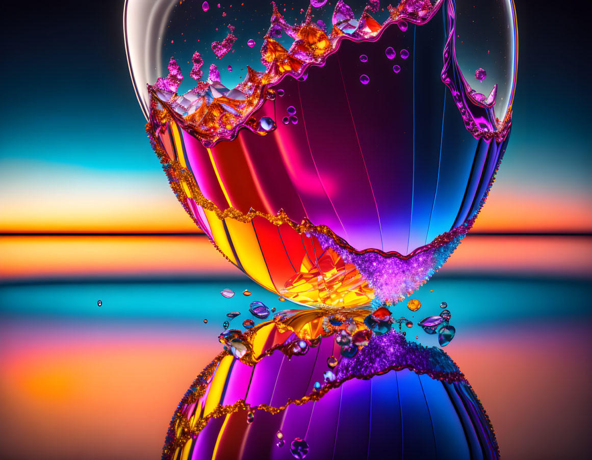 Colorful Hourglass with Splashing Liquid on Sunset Background