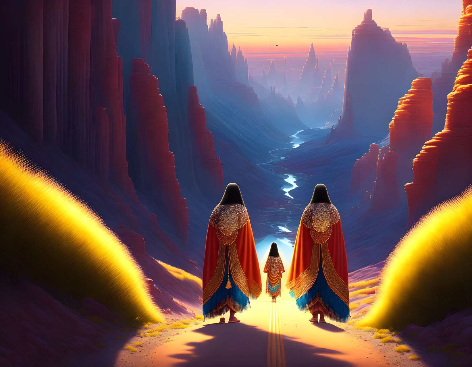 Three robed figures in desert canyon at sunset with winding river