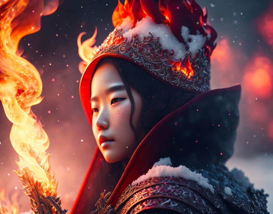 Young girl in red attire with torch in snowy setting.