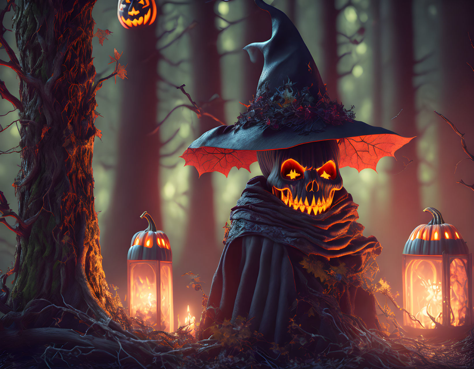 Pumpkin-headed figure with bat wings in eerie forest