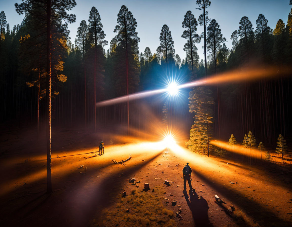 Forest Sunrise or Sunset: Tall Trees, Sunlight Rays, Two People with Bicycles