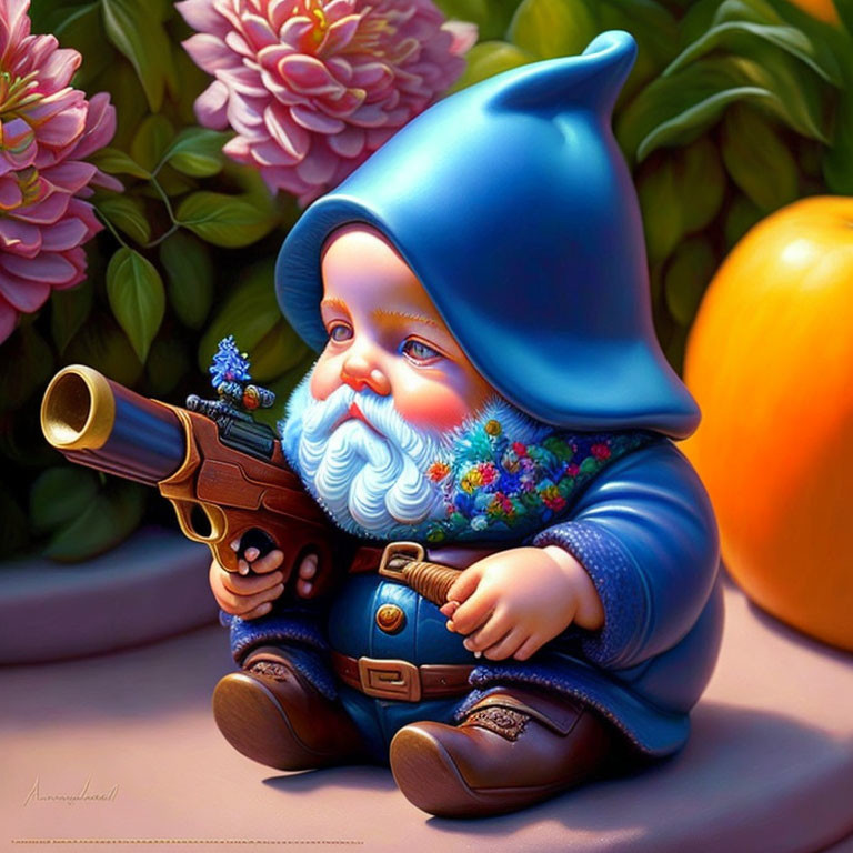 Illustrated gnome with blue attire and wooden rifle among colorful nature scene