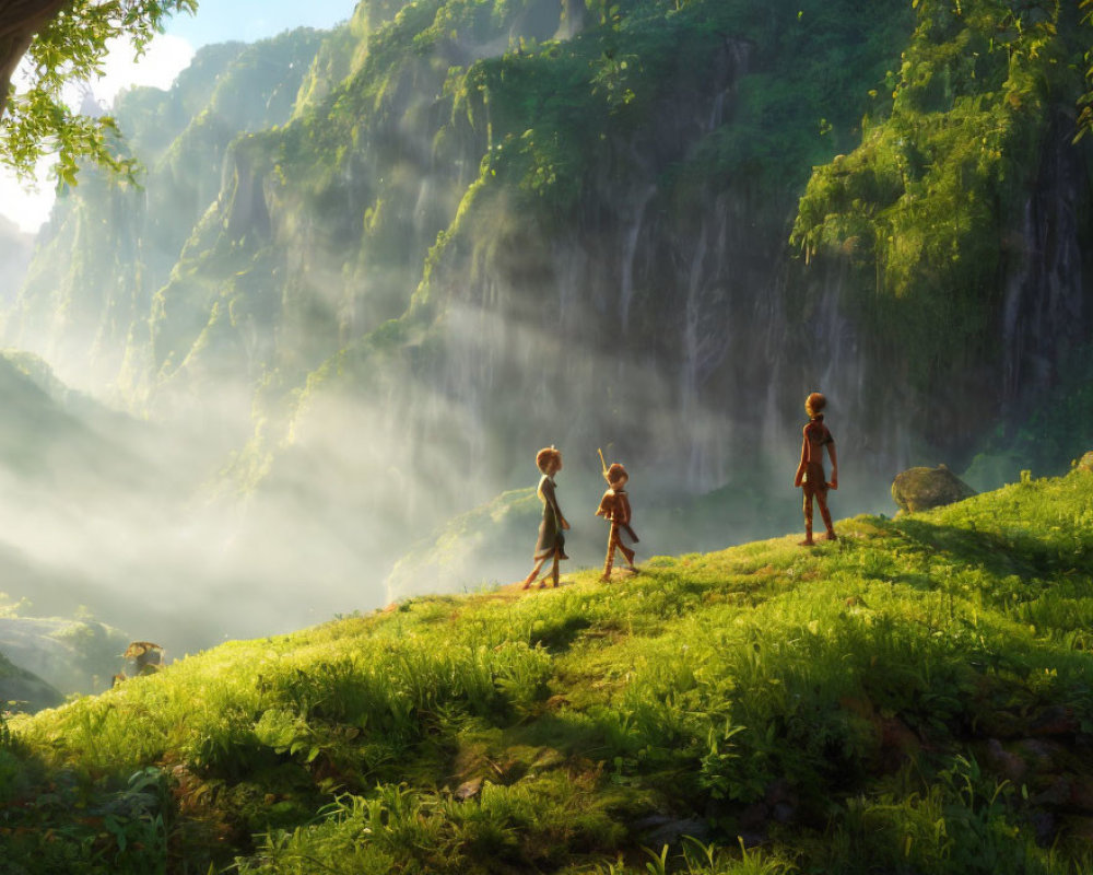 Animated characters in misty landscape with cliffs and waterfalls