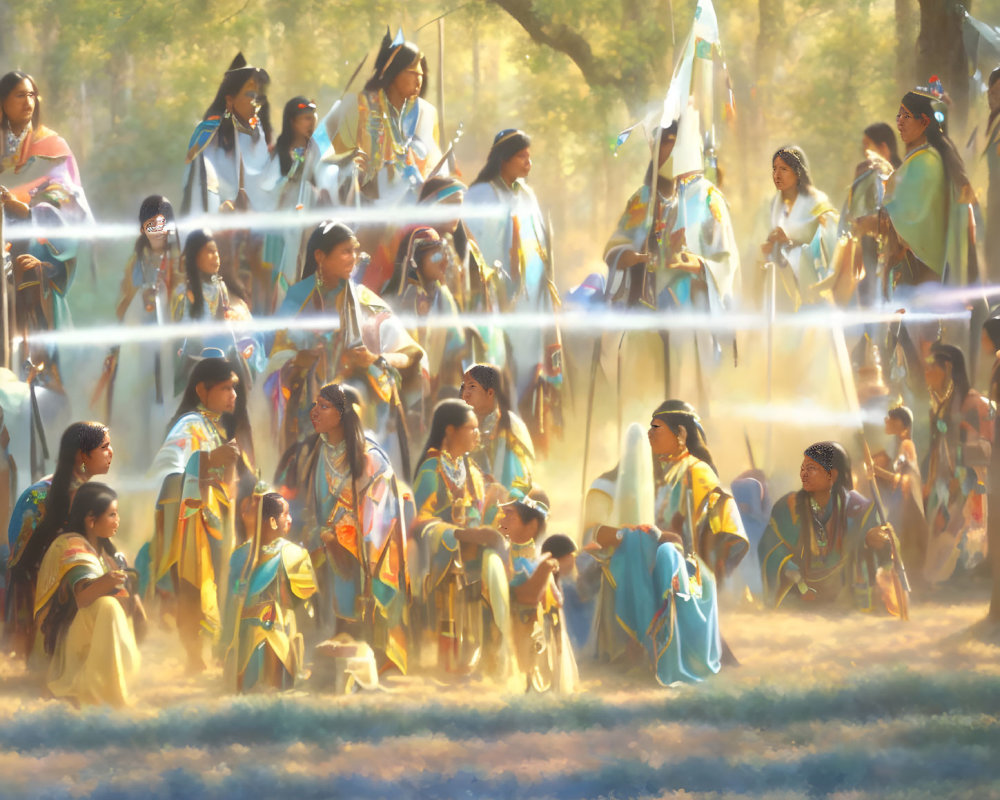 Native Americans in traditional dress at ceremonial gathering in forest clearing