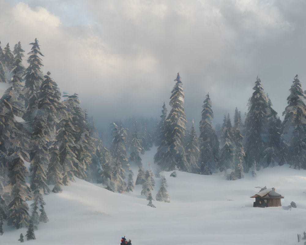 Snowy landscape with fir trees, wooden cabin, sled rider, bright cloudy sky