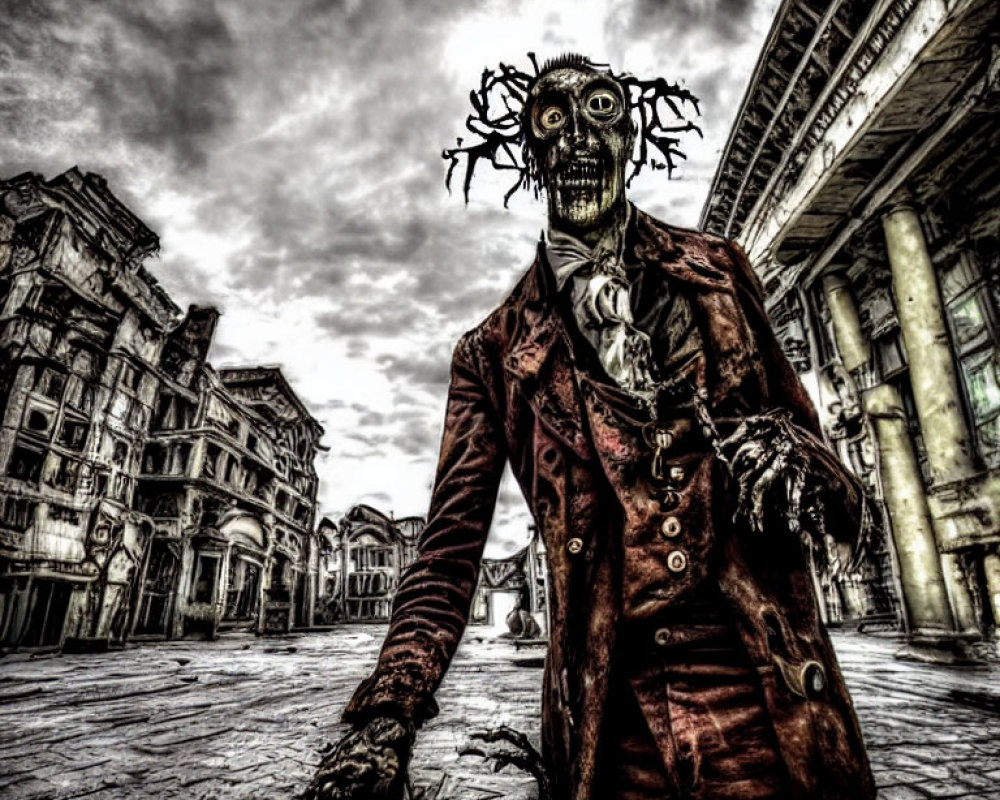 Menacing zombie-like figure in tattered clothing in desolate urban setting