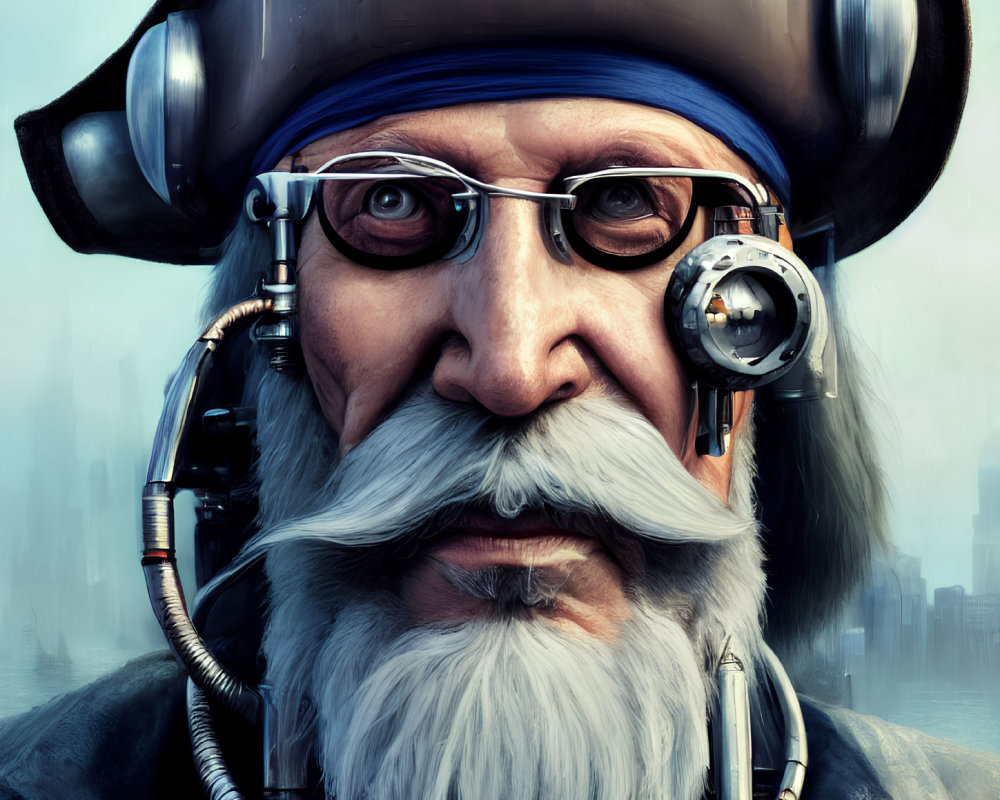 Digitally-rendered elderly man with steampunk monocle and detailed facial hair in urban setting