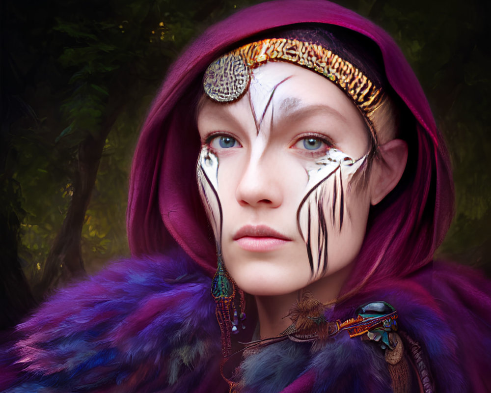 Person with facial markings and tribal jewelry in purple hood in mystical forest