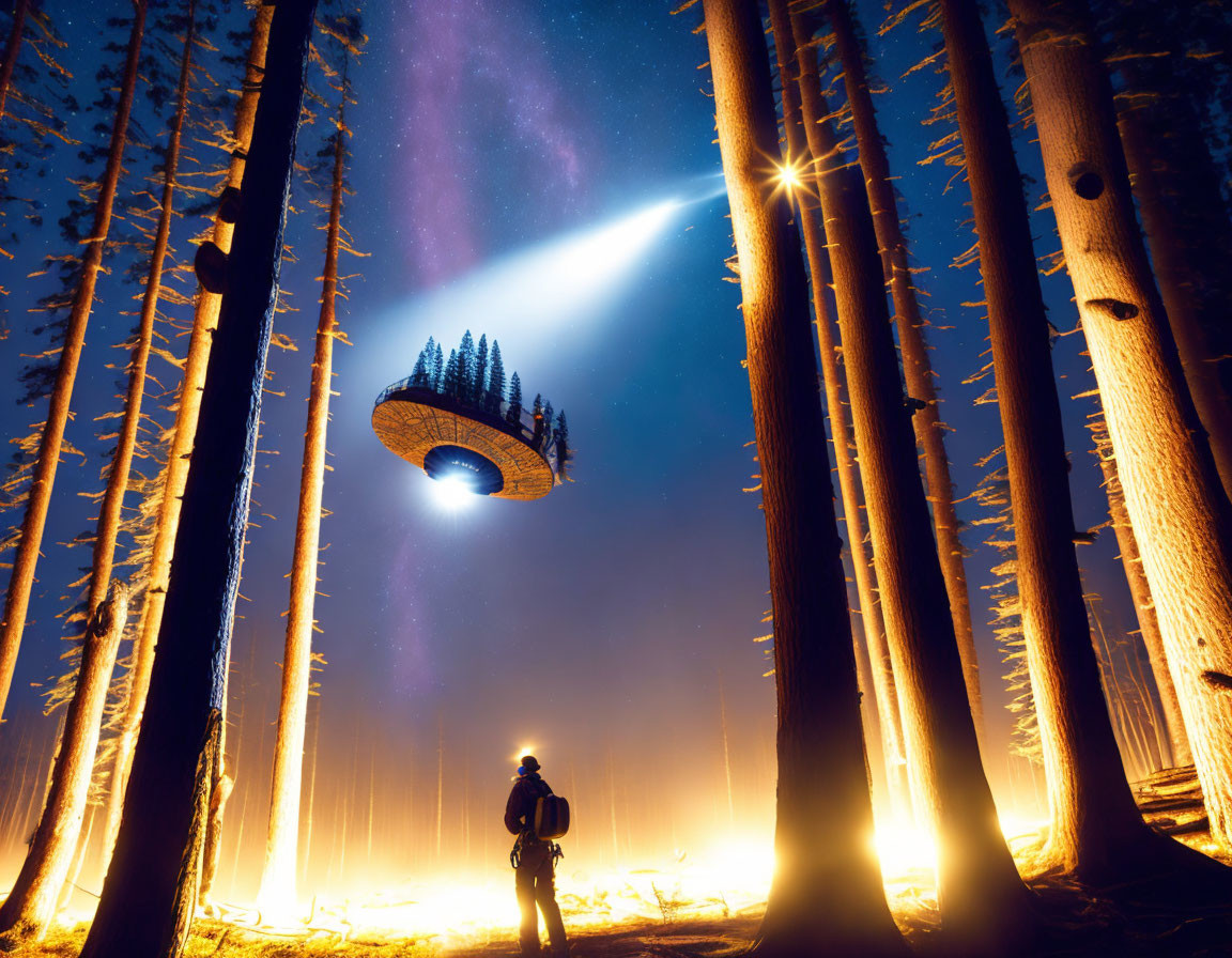 Person in forest at night staring at floating island with bright light