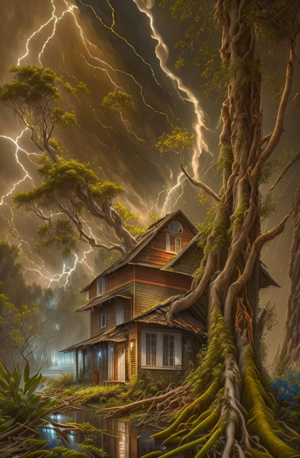 Old wooden house entangled by tree roots under stormy sky with lightning