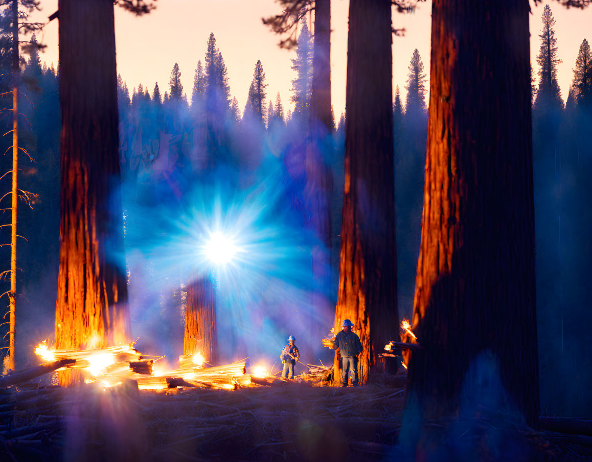 Person in Giant Sequoia Forest with Sunlight Flare