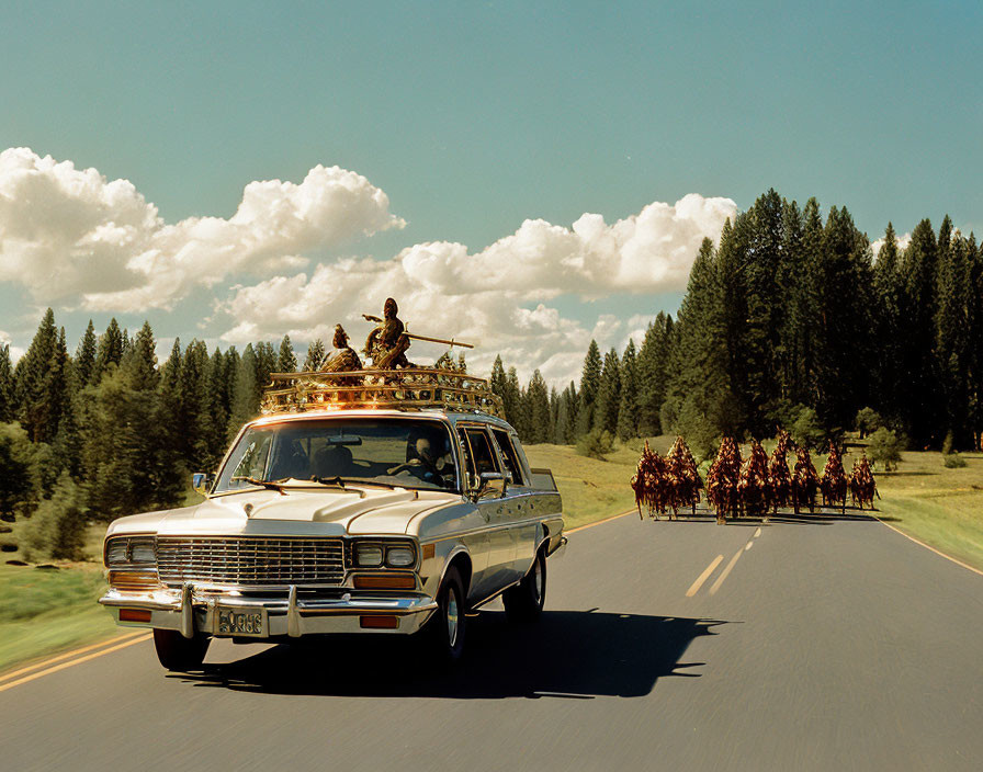 Vintage ambulance with person in costume & horseback riders on sunny road flanked by trees