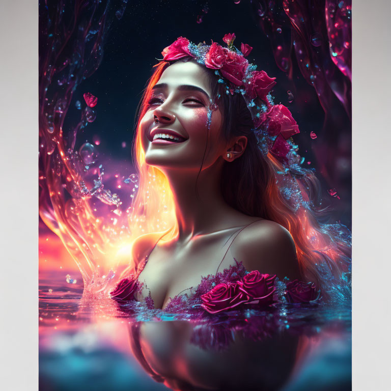 Smiling woman with flowers in ethereal, colorful glow