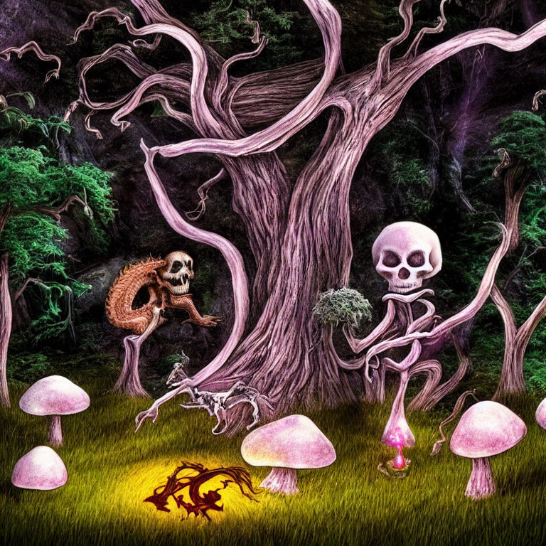 Eerie forest scene with twisted tree, skeleton, and glowing mushrooms