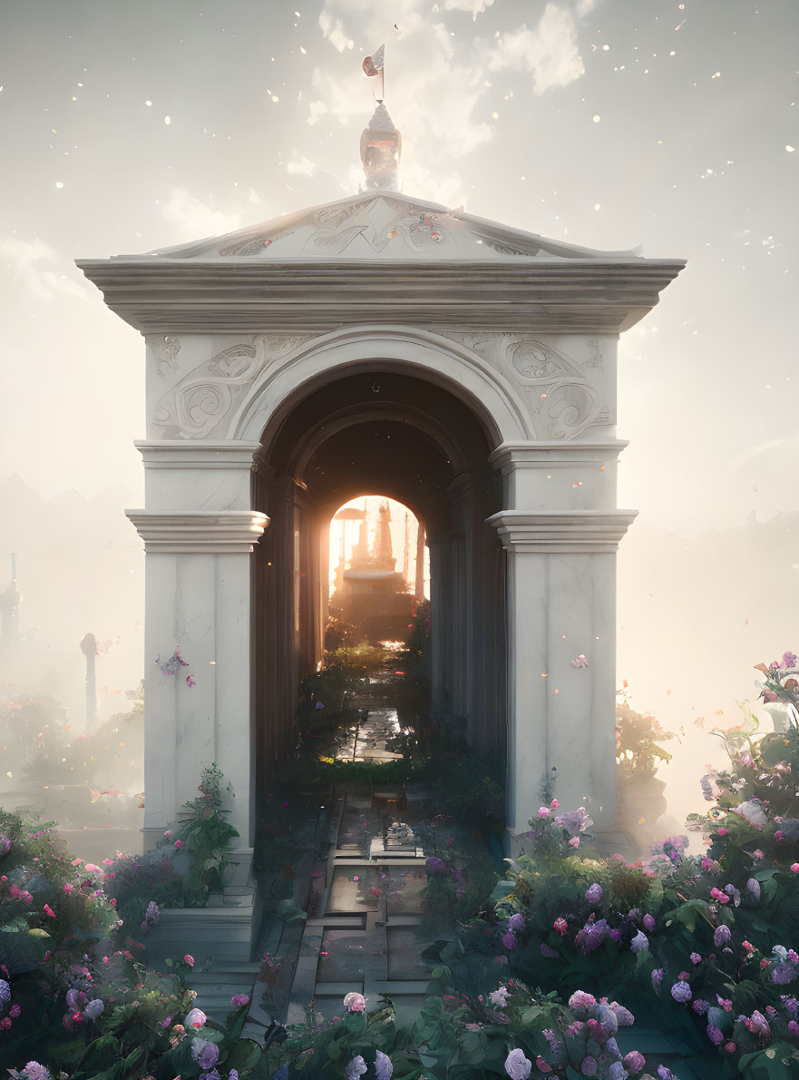 Ethereal archway with classical architecture and lush flowers.