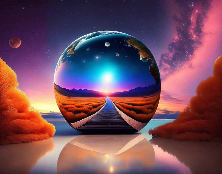 Surreal landscape with spherical globe, wooden pathway, orange clouds, starry sky, and distant