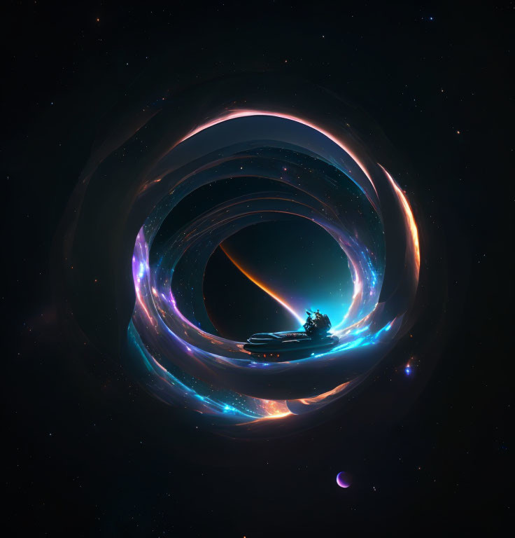 Swirling Blue and Orange Galaxy Structures Around Central Black Void