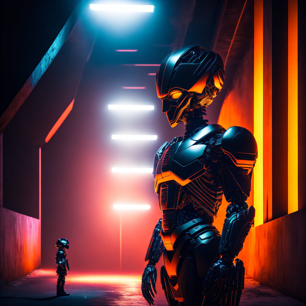 Futuristic robot faces smaller robot in neon-lit alleyway