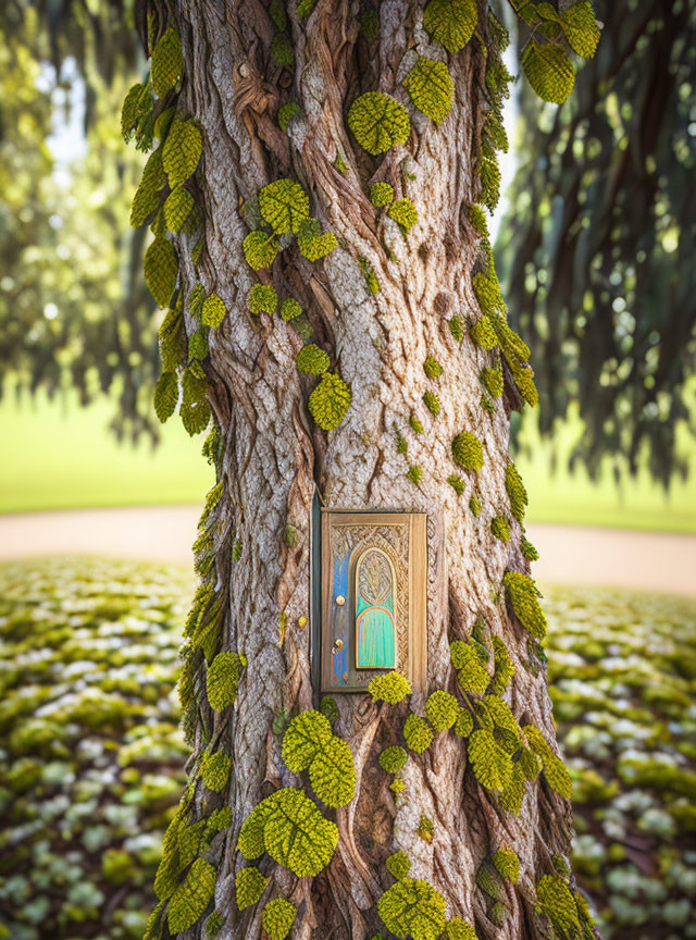 Fairy door with round window and blue frame on tree trunk with ivy leaves