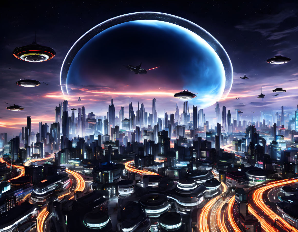 Nighttime futuristic cityscape with flying vehicles and illuminated skyscrapers