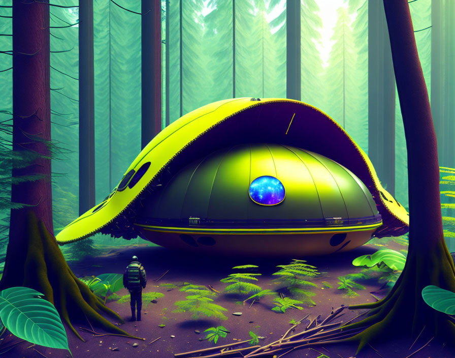 Mysterious UFO in misty neon forest