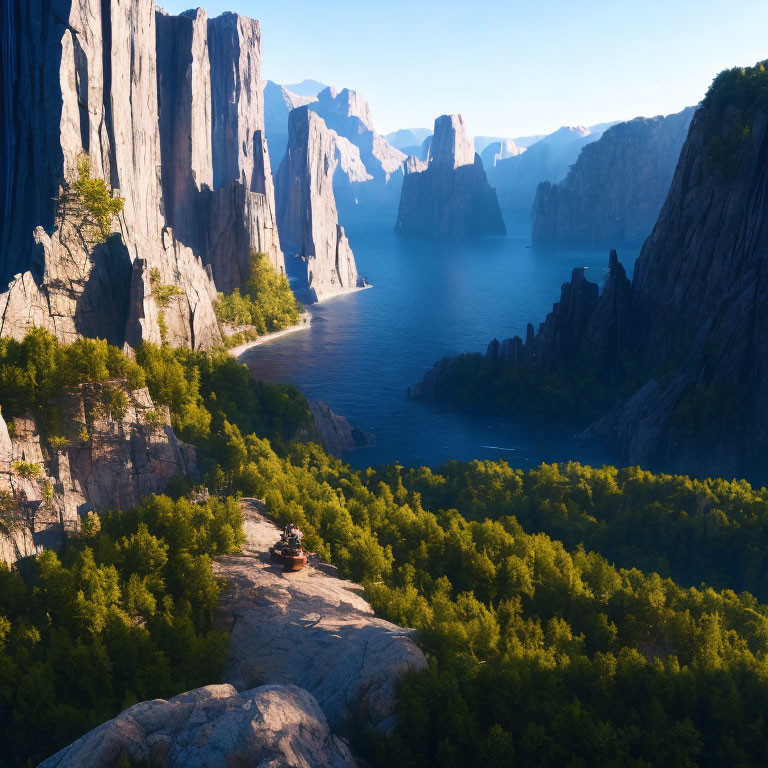 Majestic cliffs, winding river, mountains, and lush forest landscape