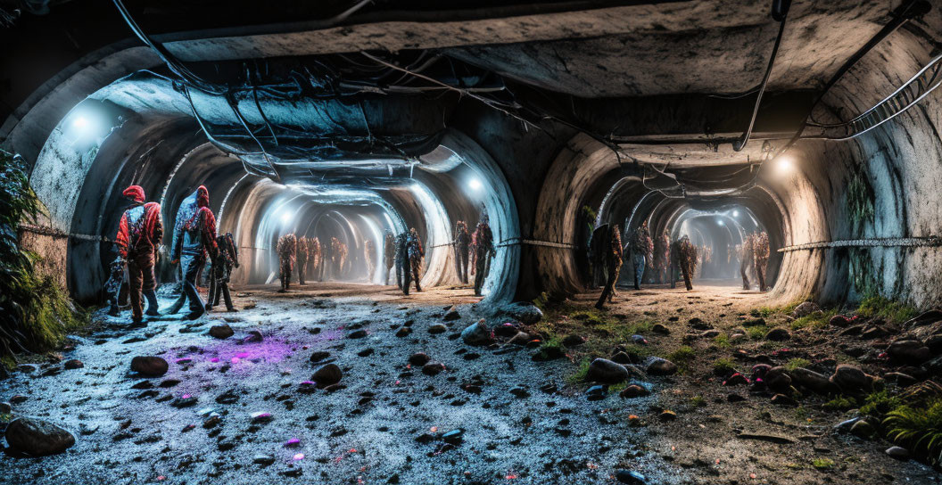 Exploration of dimly-lit derelict tunnel by people in protective suits