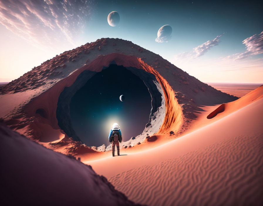 Astronaut at Cave Entrance in Desert Landscape with Twilight Sky