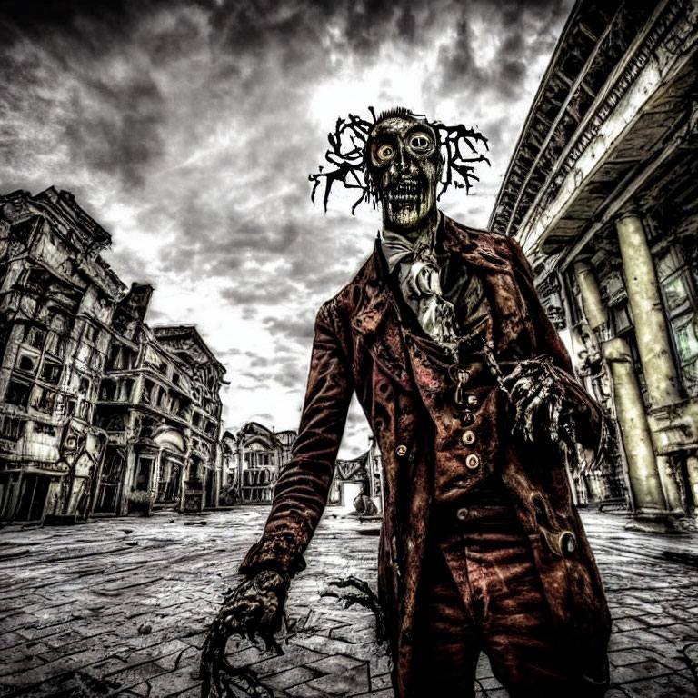 Menacing zombie-like figure in tattered clothing in desolate urban setting