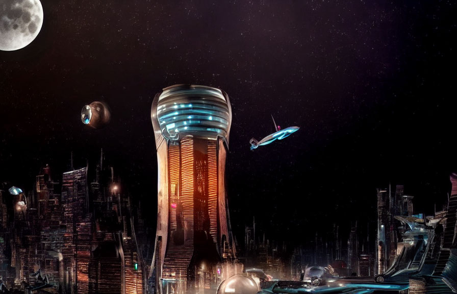 Futuristic night cityscape with towering skyscraper and illuminated vehicles