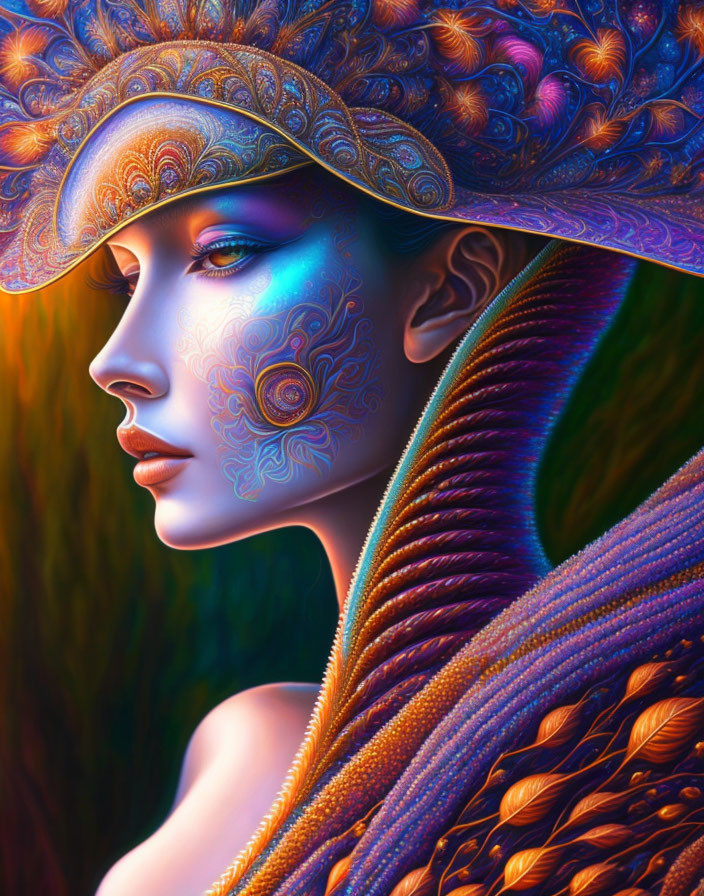 Colorful digital artwork: Woman with blue face patterns and textured hat