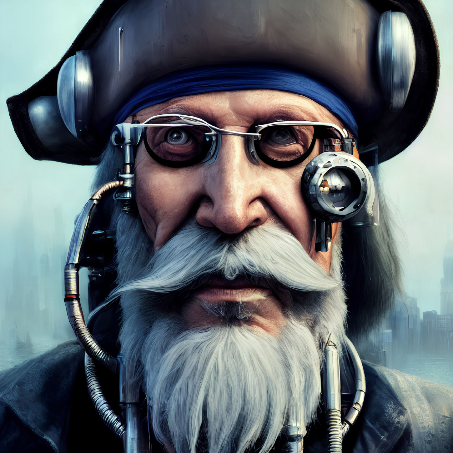 Digitally-rendered elderly man with steampunk monocle and detailed facial hair in urban setting