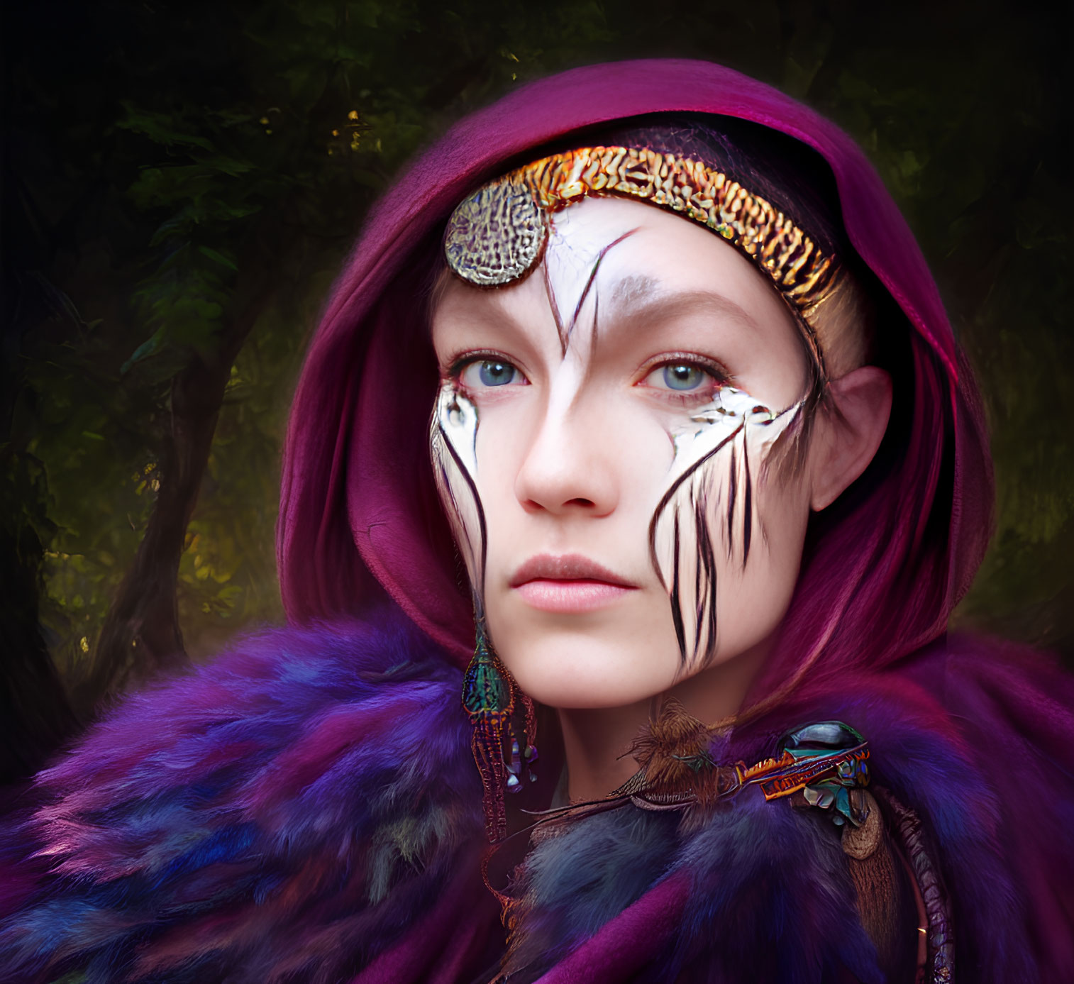 Person with facial markings and tribal jewelry in purple hood in mystical forest